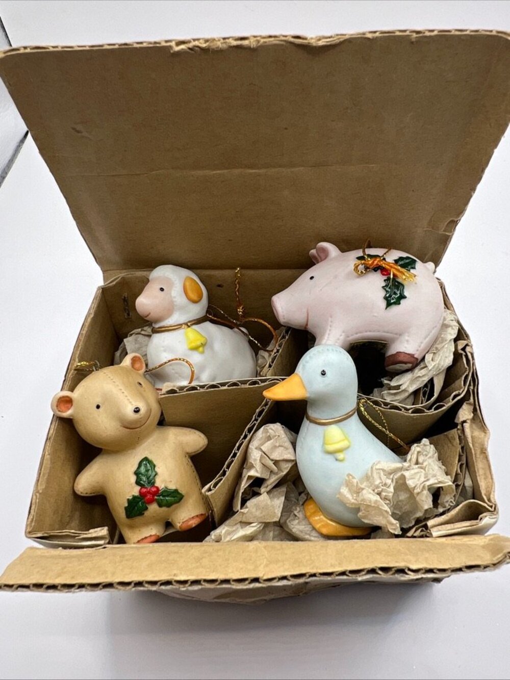 4-New Vtg Homco Poecelain Animal Christmas Ornaments Sheep Pig Goose Bear 2”
